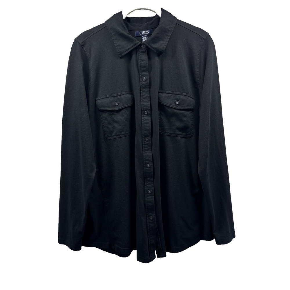 Chaps Women's Top Blouse Size 1X Solid Black Gothic Long Sleeve Button Up Pocket